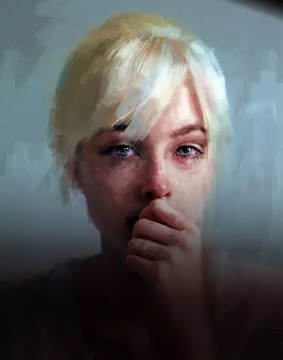 Pintura de mulher expressando tristeza e traumas